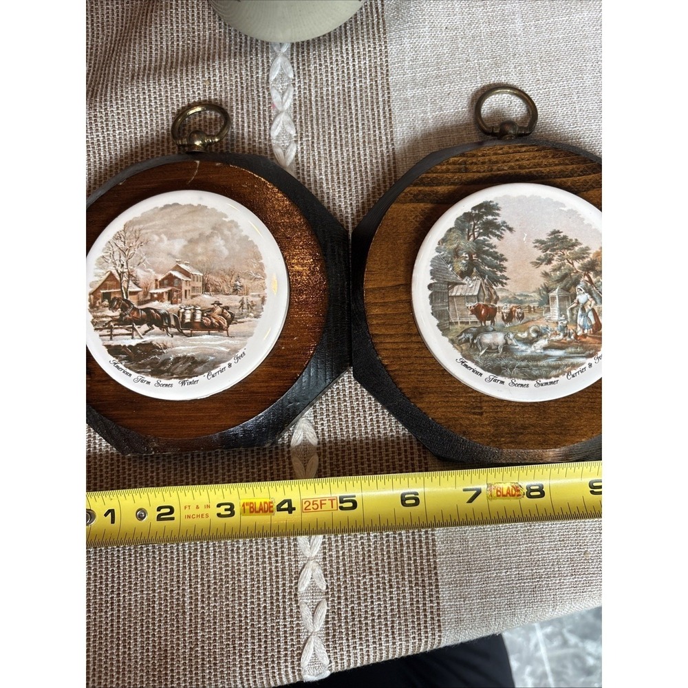 VTG Currier Ives Farm Country Scenes Octagon Hanging Decor Coasters Set 2